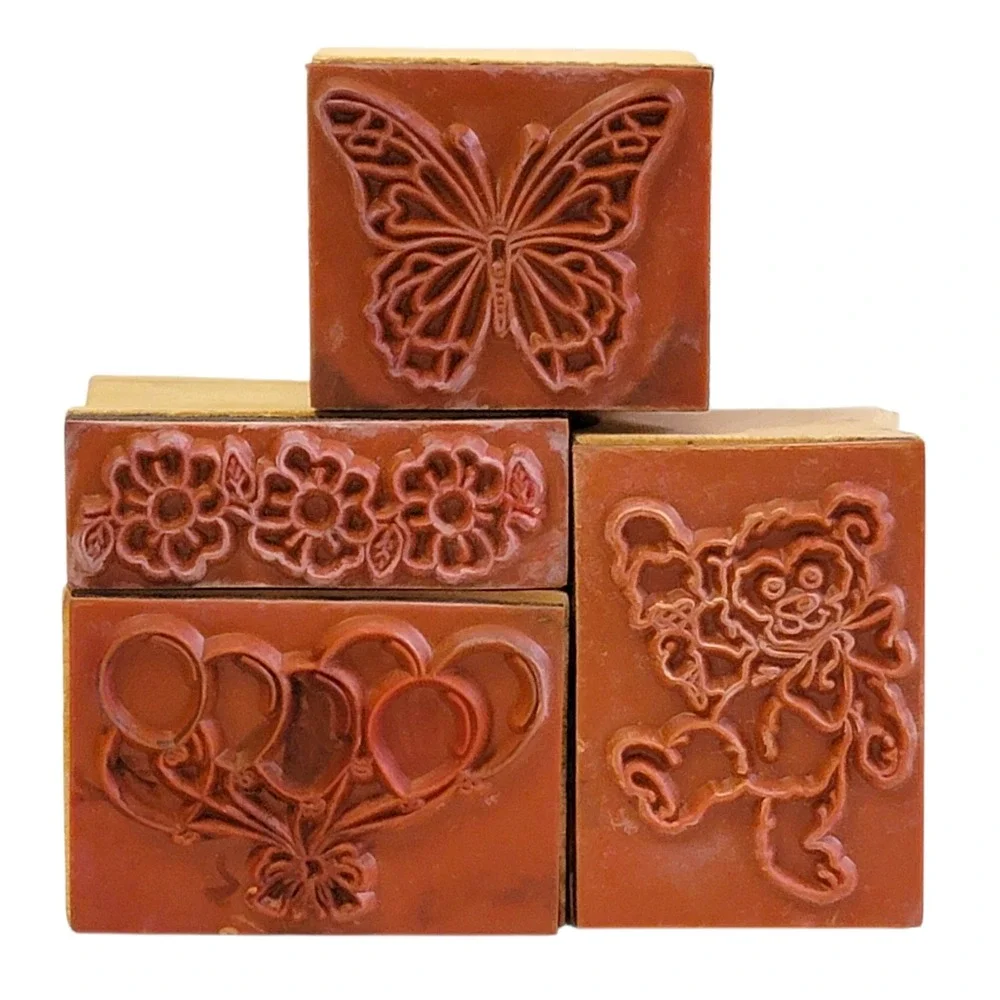 Melissa‎ & Doug Rubber Stamps Set of 4 Butterfly Bear Balloons Flowers Wood Lot